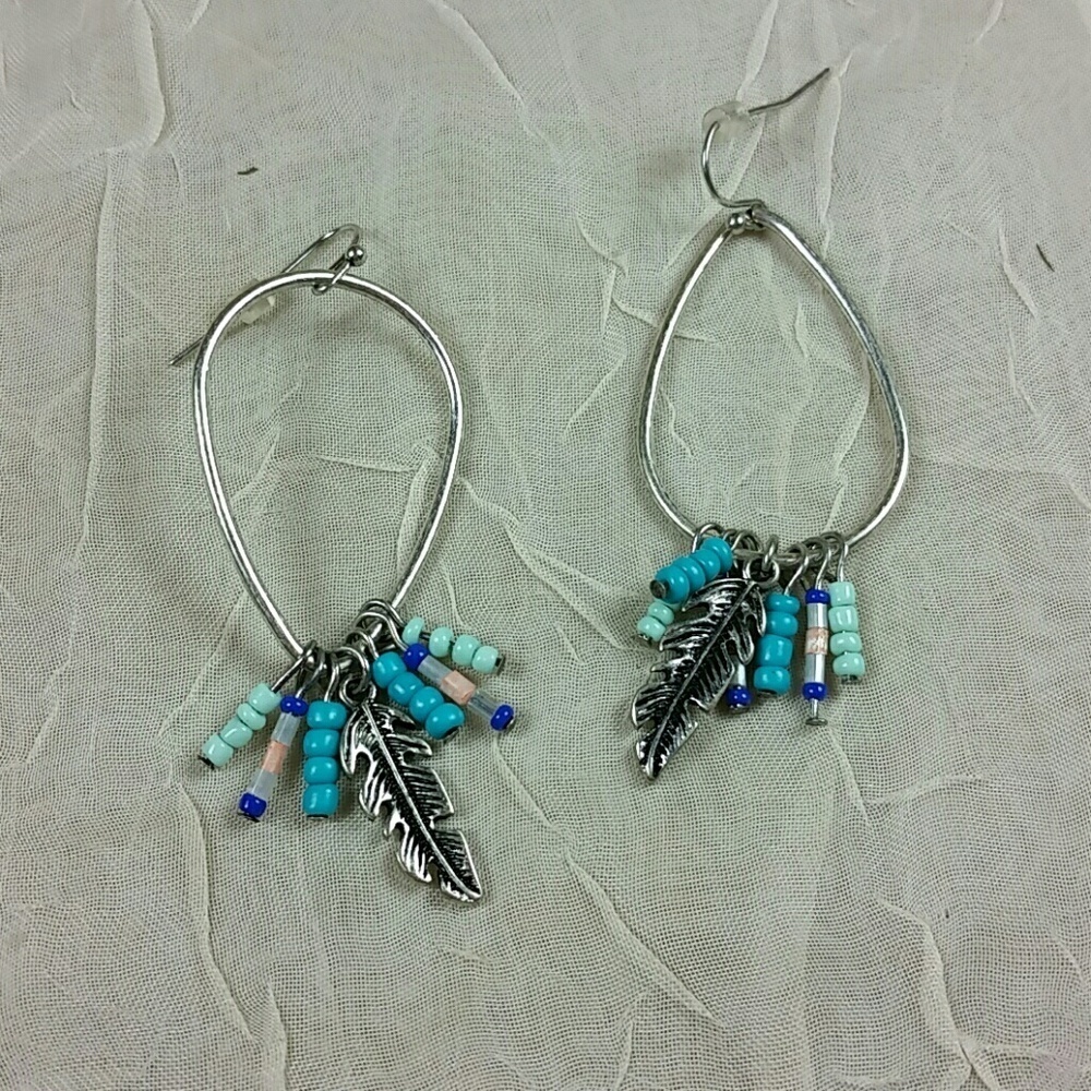Silver Feather Charm Dangle Earrings with Blue Beads Boho Southwestern